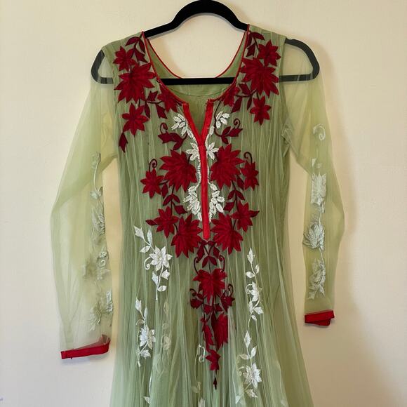 Churidar M long sleeve Indian maxi dress chiffon floral embroidered green sheer - Picture 2 of 6